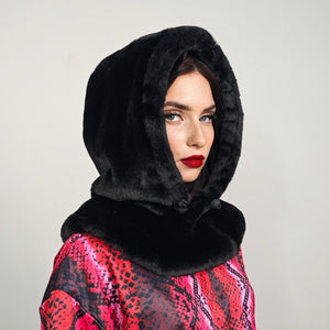 Faux fur hood rainbow snood handmade hooded hat unicorn pattern all over fluffy LGBT fleece scarf unisex bucket grunge gay print headwear