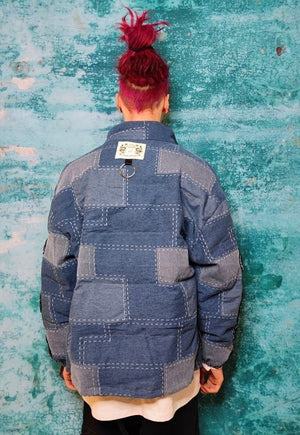 Reworked denim patch bomber jean puffer jacket in blue check