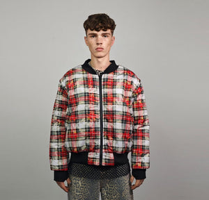 Tie-dye check bomber yellow tartan jacket raver reversible college varsity detachable sleeves handmade plaid puffer grunge punk rocker coat