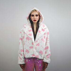 Cropped cow print coat red white fleece trench animal print jacket detachable sleeves handmade spot pattern party overcoat festival set