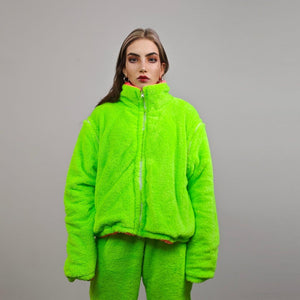 Neon green fleece joggers rave pants fluorescent trousers carnival tracksuit party overalls fluffy jumpsuit fuzzy burning man festival set