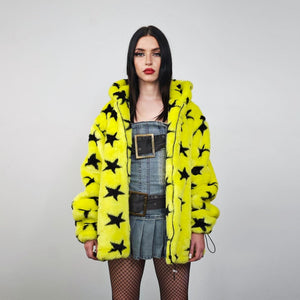 Star print hooded jacket yellow faux fur geometric fleece bomber psychedelic pullover detachable sleeves handmade rave top festival overcoat