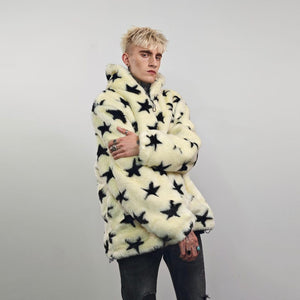 Star print hooded jacket yellow faux fur geometric fleece bomber psychedelic pullover detachable sleeves handmade rave top festival overcoat