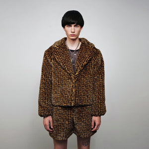 Arabic pattern short coat brown black fleece trench geometric print jacket detachable sleeves handmade zigzag party overcoat festival set