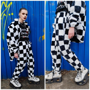 Checked trench coat faux fur white black overcoat plaid jacket SKA bomber detachable sleeves handmade rave puffer festival Coachella fleece