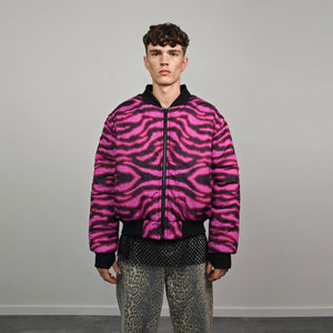 Leopard jacket neon pink animal print bomber reversible cheetah college varsity detachable sleeves handmade rave puffer grunge festival coat