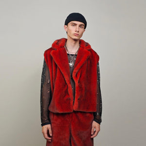 Red faux fur coat cropped trench short going out jacket grunge detachable sleeves handmade luxury festival overcoat fleece