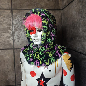 Faux fur hood grey snood handmade hooded hat luminous cap all over fluffy fleece scarf unisex bucket grunge winter festival headwear