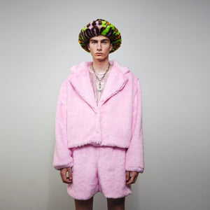 Collarless faux fur coat pastel pink fuzzy trench hairy crop jacket detachable sleeves handmade fluffy party overcoat fluffy festival set