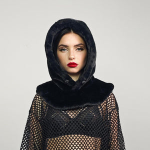 Faux fur hood black snood handmade hooded hat all over fluffy fleece scarf unisex bucket grunge headwear