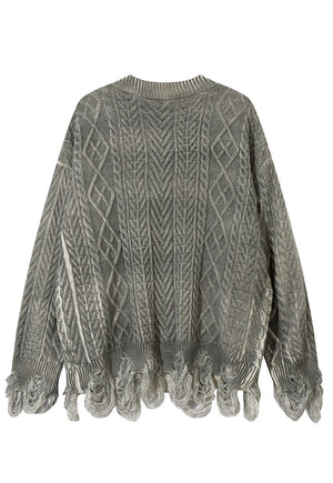 Grunge cardigan oil wash cable knitted ripped punk sweater