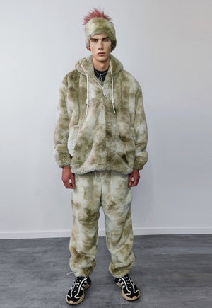 Fleece headband luxury fluffy head cover in tie-dye cream