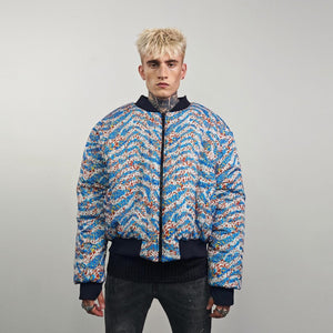 Neon leopard bomber animal print jacket fluorescent reversible college varsity detachable sleeves handmade rave puffer cyber festival coat