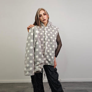 Polka dot fleece jacket beige spot pattern hood bomber retro geometric coat detachable sleeves handmade preppy overcoat fluffy festival set