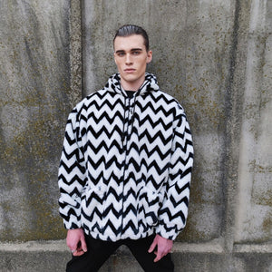 Zigzag fleece jacket hooded geometric bomber luxury grunge coat detachable sleeves handmade stripe pattern overcoat fuzzy festival set white