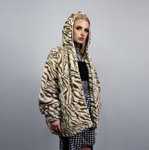 Cropped tiger coat brown short animal print jacket striped trench fauxfur detachable sleeves handmade zebra pattern festival overcoat fleece
