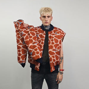 Animal print bomber yellow giraffe jacket reversible college varsity detachable sleeves handmade grunge raver coat festival puffer