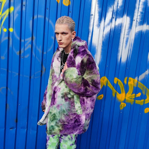 Tie-dye fleece coat green purple faux fur gradient trench grunge overcoat detachable handmade rave puffer festival bomber Coachella jacket