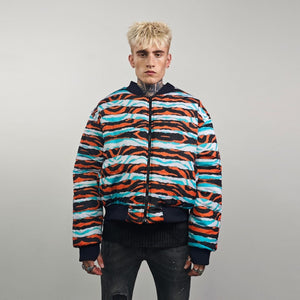 Zebra jacket blue white animal print bomber reversible striped college varsity detachable sleeves handmade rave puffer grunge festival coat