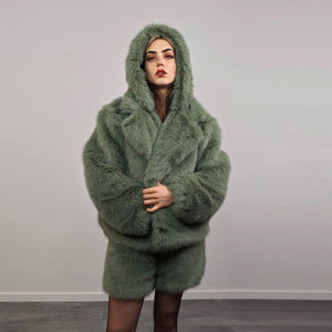 Green faux fur shorts shaggy cropped pants short going out trousers fuzzy grunge joggers handmade luxury festival overalls fleece set