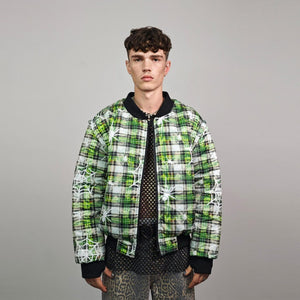 Spider web print jacket purple tie-dye bomber plaid check puffer punk reversible college varsity detachable sleeves handmade tartan coat