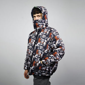 Zombie print jacket horror fan bomber reversible creepy punk college varsity detachable sleeves handmade gothic puffer hooded festival coat
