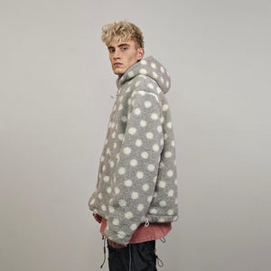 Spot pattern fleece jacket gray hooded polka dot bomber retro geometric coat detachable sleeves handmade preppy overcoat fluffy festival set