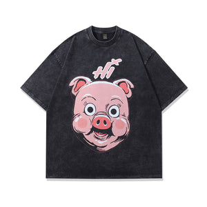 Pig t-shirt piglet print tee piggy poster top in vintage grey