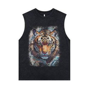 Bengal tiger sleeveless t-shirt animal cartoon surfer vest 90s hip-hop tank top in acid wash black