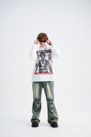 Y2k punk jumper 80s rocker top long sleeve psychedelic raver t-shirt in white