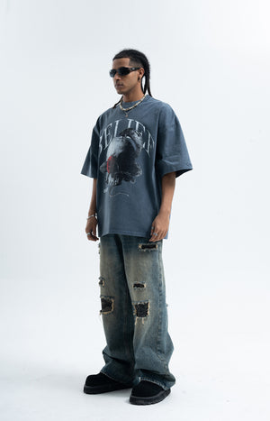 Snake print t-shirt skeleton bones top gothic tee in blue