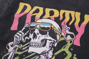 Party slogan t-shirt skeleton cartoon tee retro hawaii top in vintage grey
