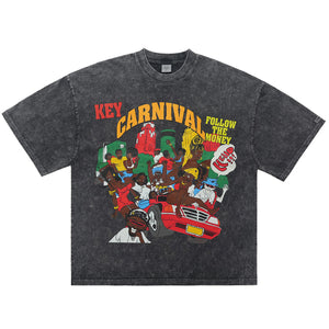 Carnival slogan t-shirt retro cartoon top 00s party tee in grey