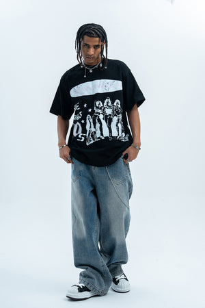 Flame print t-shirt retro cartoon top graffiti tee 90s jumper in black