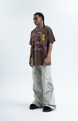 Anime t-shirt retro cartoon top 90s tee good life slogan jumper in brown