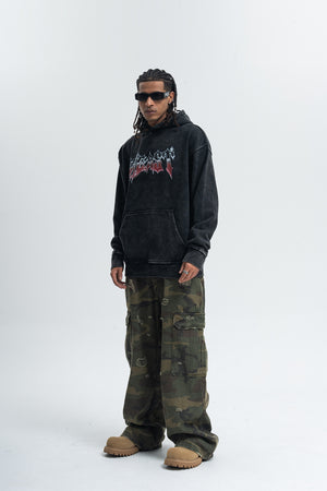 Beast slogan hoodie vintage wash pullover retro hip-hop jumper in acid grey