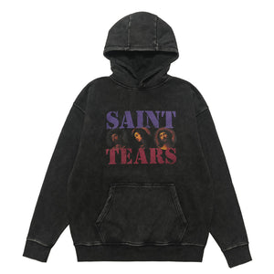 Saint print hoodie vintage wash religion jumper grunge retro pullover in acid grey