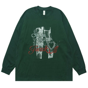 Fuck off slogan jumper pinup girl print top long sleeve retro grunge t-shirt in brown