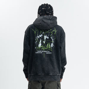 Thunder print hoodie cyberpunk pullover city slogan jumper in acid vintage grey