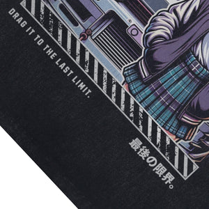 Japanese cartoon sleeveless t-shirt retro anime surfer vest racing car tank top in acid wash black