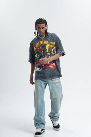 Carnival slogan t-shirt retro cartoon top 00s party tee in grey