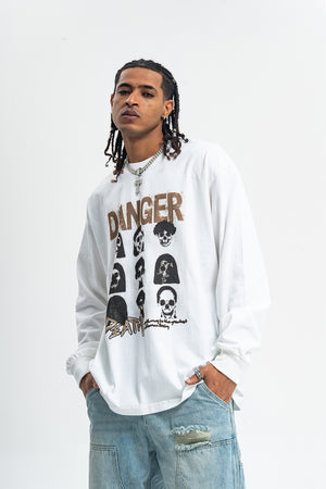 Danger slogan jumper skull print top 90s gothic poster long sleeve t-shirt in brown