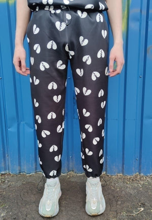 Broken heart joggers handmade Love cartoon overalls black