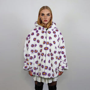 Floral fleece jacket white daisy print bomber fluffy sunflower pullover handmade rave festival overcoat grunge fuzzy hoodie