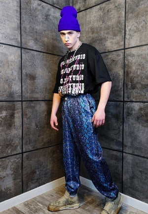 Snake print joggers handmade Tie-dye python overalls blue