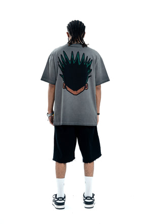 Angry boy t-shirt hunter cartoon tee retro anime top in grey