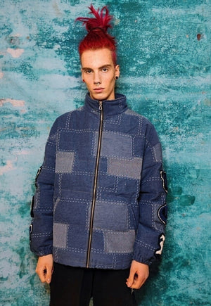 Reworked denim patch bomber jean puffer jacket in blue check