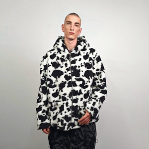 Cow fleece jacket white hooded animal print bomber festival coat furry overcoat spot print pullover Dalmatian jumper psychedelic rave top