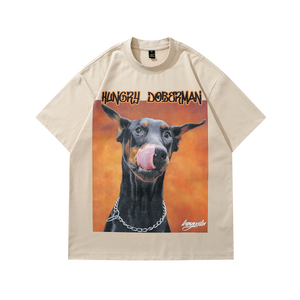 Hungry Doberman t-shirt pinscher print tee retro dog top in grey