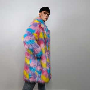 Marshmallow faux fur long coat unicorn trench raver bomber fluffy tie-dye fleece rainbow festival jacket burning man going out coat in pink